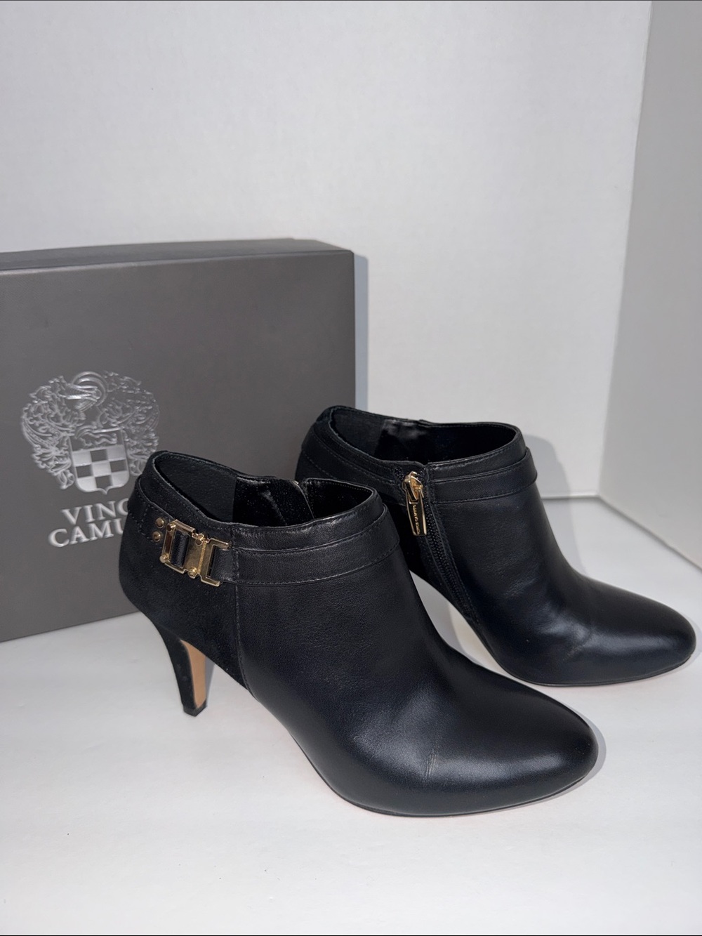 Vince Camuto Black Leather Ankle Booties with Gold Hardware-Sz 6/36